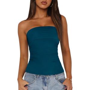 imageBTFBM Womens Strapless Tube Tops Summer Spring Clothes 2025 Trendy Casual Ruched Stretchy Going Out Bodycon Bandeau TopDark Blue