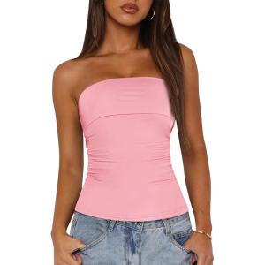 imageBTFBM Womens Strapless Tube Tops Summer Spring Clothes 2025 Trendy Casual Ruched Stretchy Going Out Bodycon Bandeau TopPink