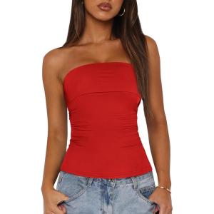 imageBTFBM Womens Strapless Tube Tops Summer Spring Clothes 2025 Trendy Casual Ruched Stretchy Going Out Bodycon Bandeau TopRed