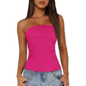 imageBTFBM Womens Strapless Tube Tops Summer Spring Clothes 2025 Trendy Casual Ruched Stretchy Going Out Bodycon Bandeau TopRose Red