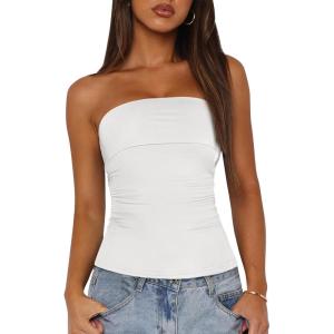 imageBTFBM Womens Strapless Tube Tops Summer Spring Clothes 2025 Trendy Casual Ruched Stretchy Going Out Bodycon Bandeau TopWhite