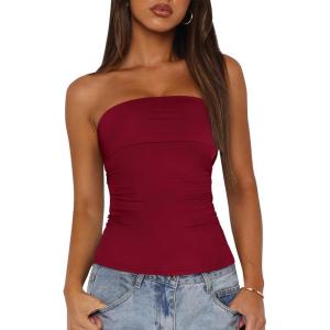 imageBTFBM Womens Strapless Tube Tops Summer Spring Clothes 2025 Trendy Casual Ruched Stretchy Going Out Bodycon Bandeau TopWine Red