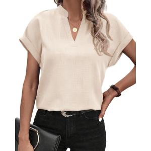 imageBTFBM Womens Summer Tops 2025 V Neck Short Sleeve Tshirt Loose Flowy Tunics Solid Color Dressy Casual Blouse ShirtsBeige