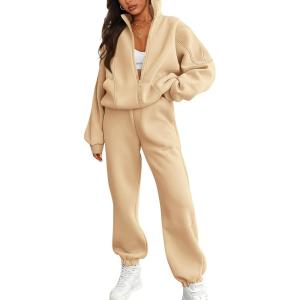 imageBTFBM Womens Sweatsuits 2 Piece Set 2025 Fleece Long Sleeve Zip Up Sweatshirt Sweatpants Winter Fall Outfits Jogger SetsBeige