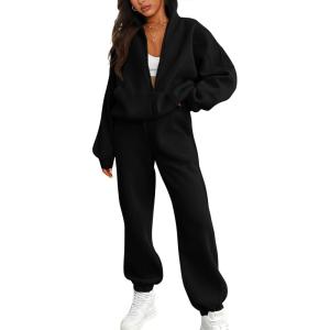 imageBTFBM Womens Sweatsuits 2 Piece Set 2025 Fleece Long Sleeve Zip Up Sweatshirt Sweatpants Winter Fall Outfits Jogger SetsBlack