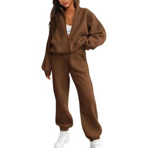 imageBTFBM Womens Sweatsuits 2 Piece Set 2025 Fleece Long Sleeve Zip Up Sweatshirt Sweatpants Winter Fall Outfits Jogger SetsBrown