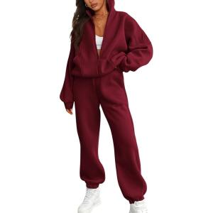 imageBTFBM Womens Sweatsuits 2 Piece Set 2025 Fleece Long Sleeve Zip Up Sweatshirt Sweatpants Winter Fall Outfits Jogger SetsWine Red