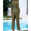 imageBTFBM Casual 2 Piece Sets For Women Spring Outfits 2025 Long Sleeve Crop Top Wide Leg Pants Summer Matching Lounge SetSolid Army Green