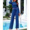 imageBTFBM Casual 2 Piece Sets For Women Spring Outfits 2025 Long Sleeve Crop Top Wide Leg Pants Summer Matching Lounge SetSolid Dark Blue