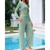 imageBTFBM Casual 2 Piece Sets For Women Spring Outfits 2025 Long Sleeve Crop Top Wide Leg Pants Summer Matching Lounge SetSolid Fruit Green