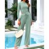 imageBTFBM Casual 2 Piece Sets For Women Spring Outfits 2025 Long Sleeve Crop Top Wide Leg Pants Summer Matching Lounge SetSolid Fruit Green