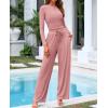 imageBTFBM Casual 2 Piece Sets For Women Spring Outfits 2025 Long Sleeve Crop Top Wide Leg Pants Summer Matching Lounge SetSolid Pink