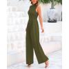 imageBTFBM One Piece Jumpsuits For Women Dressy Casual Spring Summer Outfits 2025 Sleeveless Mock Neck Wide Leg Pants RompersArmy Green
