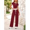 imageBTFBM Womens 2 Piece Outfits 2025 Spring Fashion Casual Clothes Ribbed Knit Crop Top Wide Leg Pants Tracksuit Lounge SetWine Red