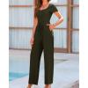 imageBTFBM Womens Casual 2 Pieces Outfits Dressy Square Neck Short Sleeve Bodysuit Drawstring Pants Knit Lounge Matching SetsSolid Army Green
