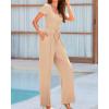 imageBTFBM Womens Casual 2 Pieces Outfits Dressy Square Neck Short Sleeve Bodysuit Drawstring Pants Knit Lounge Matching SetsSolid Beige