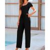 imageBTFBM Womens Casual 2 Pieces Outfits Dressy Square Neck Short Sleeve Bodysuit Drawstring Pants Knit Lounge Matching SetsSolid Black
