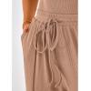 imageBTFBM Womens Casual 2 Pieces Outfits Dressy Square Neck Short Sleeve Bodysuit Drawstring Pants Knit Lounge Matching SetsSolid Khaki