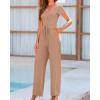 imageBTFBM Womens Casual 2 Pieces Outfits Dressy Square Neck Short Sleeve Bodysuit Drawstring Pants Knit Lounge Matching SetsSolid Khaki