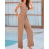 imageBTFBM Womens Casual 2 Pieces Outfits Dressy Square Neck Short Sleeve Bodysuit Drawstring Pants Knit Lounge Matching SetsSolid Khaki