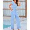 imageBTFBM Womens Casual 2 Pieces Outfits Dressy Square Neck Short Sleeve Bodysuit Drawstring Pants Knit Lounge Matching SetsSolid Light Blue