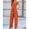 imageBTFBM Womens Casual 2 Pieces Outfits Dressy Square Neck Short Sleeve Bodysuit Drawstring Pants Knit Lounge Matching SetsSolid Orange