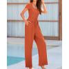 imageBTFBM Womens Casual 2 Pieces Outfits Dressy Square Neck Short Sleeve Bodysuit Drawstring Pants Knit Lounge Matching SetsSolid Orange