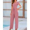 imageBTFBM Womens Casual 2 Pieces Outfits Dressy Square Neck Short Sleeve Bodysuit Drawstring Pants Knit Lounge Matching SetsSolid Pink