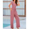 imageBTFBM Womens Casual 2 Pieces Outfits Dressy Square Neck Short Sleeve Bodysuit Drawstring Pants Knit Lounge Matching SetsSolid Pink