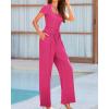 imageBTFBM Womens Casual 2 Pieces Outfits Dressy Square Neck Short Sleeve Bodysuit Drawstring Pants Knit Lounge Matching SetsSolid Rose Red