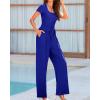 imageBTFBM Womens Casual 2 Pieces Outfits Dressy Square Neck Short Sleeve Bodysuit Drawstring Pants Knit Lounge Matching SetsSolid Royal Blue