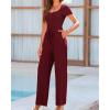 imageBTFBM Womens Casual 2 Pieces Outfits Dressy Square Neck Short Sleeve Bodysuit Drawstring Pants Knit Lounge Matching SetsSolid Wine Red
