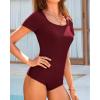 imageBTFBM Womens Casual 2 Pieces Outfits Dressy Square Neck Short Sleeve Bodysuit Drawstring Pants Knit Lounge Matching SetsSolid Wine Red