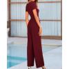 imageBTFBM Womens Casual 2 Pieces Outfits Dressy Square Neck Short Sleeve Bodysuit Drawstring Pants Knit Lounge Matching SetsSolid Wine Red