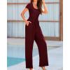 imageBTFBM Womens Casual 2 Pieces Outfits Dressy Square Neck Short Sleeve Bodysuit Drawstring Pants Knit Lounge Matching SetsSolid Wine Red