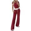 imageBTFBM Womens 2 Piece Outfits 2025 Spring Fashion Casual Clothes Ribbed Knit Crop Top Wide Leg Pants Tracksuit Lounge SetWine Red