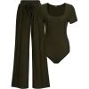 imageBTFBM Womens Casual 2 Pieces Outfits Dressy Square Neck Short Sleeve Bodysuit Drawstring Pants Knit Lounge Matching SetsSolid Army Green