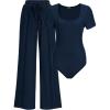 imageBTFBM Womens Casual 2 Pieces Outfits Dressy Square Neck Short Sleeve Bodysuit Drawstring Pants Knit Lounge Matching SetsSolid Navy