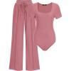 imageBTFBM Womens Casual 2 Pieces Outfits Dressy Square Neck Short Sleeve Bodysuit Drawstring Pants Knit Lounge Matching SetsSolid Pink