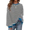 imageBTFBM Womens Striped Pullover Tops Fall Clothes 2025 Long Sleeve Shirts Trendy Soft Crew Neck Loose Y2K SweatshirtsBlack White