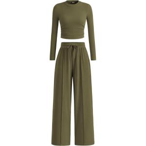 imageBTFBM Casual 2 Piece Sets For Women Spring Outfits 2025 Long Sleeve Crop Top Wide Leg Pants Summer Matching Lounge SetSolid Army Green