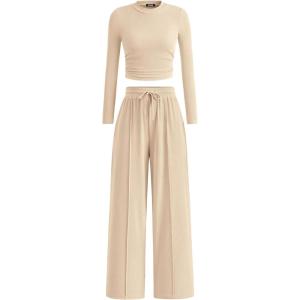 imageBTFBM Casual 2 Piece Sets For Women Spring Outfits 2025 Long Sleeve Crop Top Wide Leg Pants Summer Matching Lounge SetSolid Beige