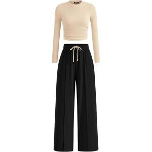 imageBTFBM Casual 2 Piece Sets For Women Spring Outfits 2025 Long Sleeve Crop Top Wide Leg Pants Summer Matching Lounge SetSolid Beige Black