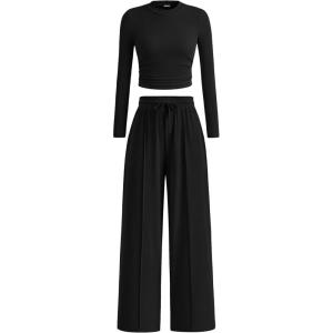 imageBTFBM Casual 2 Piece Sets For Women Spring Outfits 2025 Long Sleeve Crop Top Wide Leg Pants Summer Matching Lounge SetSolid Black
