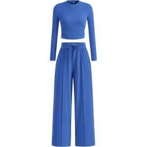 imageBTFBM Casual 2 Piece Sets For Women Spring Outfits 2025 Long Sleeve Crop Top Wide Leg Pants Summer Matching Lounge SetSolid Blue