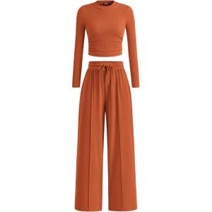 imageBTFBM Casual 2 Piece Sets For Women Spring Outfits 2025 Long Sleeve Crop Top Wide Leg Pants Summer Matching Lounge SetSolid Brick Red