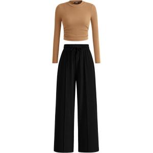 imageBTFBM Casual 2 Piece Sets For Women Spring Outfits 2025 Long Sleeve Crop Top Wide Leg Pants Summer Matching Lounge SetSolid Camel Black