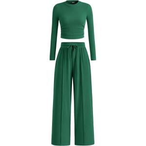 imageBTFBM Casual 2 Piece Sets For Women Spring Outfits 2025 Long Sleeve Crop Top Wide Leg Pants Summer Matching Lounge SetSolid Dark Green