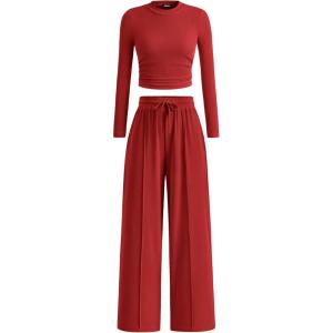 imageBTFBM Casual 2 Piece Sets For Women Spring Outfits 2025 Long Sleeve Crop Top Wide Leg Pants Summer Matching Lounge SetSolid Fiery Red