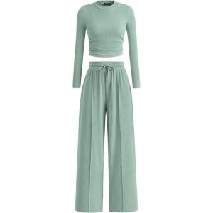 imageBTFBM Casual 2 Piece Sets For Women Spring Outfits 2025 Long Sleeve Crop Top Wide Leg Pants Summer Matching Lounge SetSolid Fruit Green